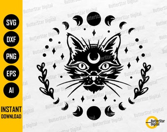 Cat And Moon Phases SVG | Witchcraft SVG | Boho SVG | Cricut Silhouette Illustration Cut File Cuttable Clipart Vector Digital Dxf Png Eps Ai