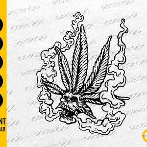 May include: A black and white graphic featuring a cannabis leaf with a skull, encircled by smoke. The image includes file format labels: SVG, DXF, PNG, EPS, and AI, and the text "INSTANT DOWNLOAD".