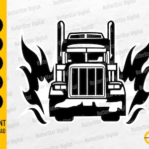 May include: Black and white graphic of a semi-truck with flames on either side. The image includes the text "SVG, DXF, PNG, EPS, AI" and "INSTANT DOWNLOAD". The logo for ButterStar Digital is also present.