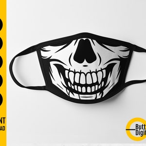 May include: Black face mask with a white skull design. The mask has a black border and ear loops. The image also includes the text "SVG, EPS, PNG, PDF, AI" and "INSTANT DOWNLOAD".