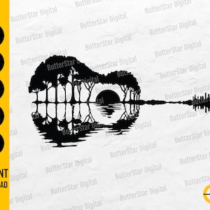 May include: Black and white guitar silhouette with a nature scene. The design features trees, a sunset, and water reflections. The image includes the text "INSTANT DOWNLOAD" and file type options: SVG, DXF, PNG, EPS, and AI.