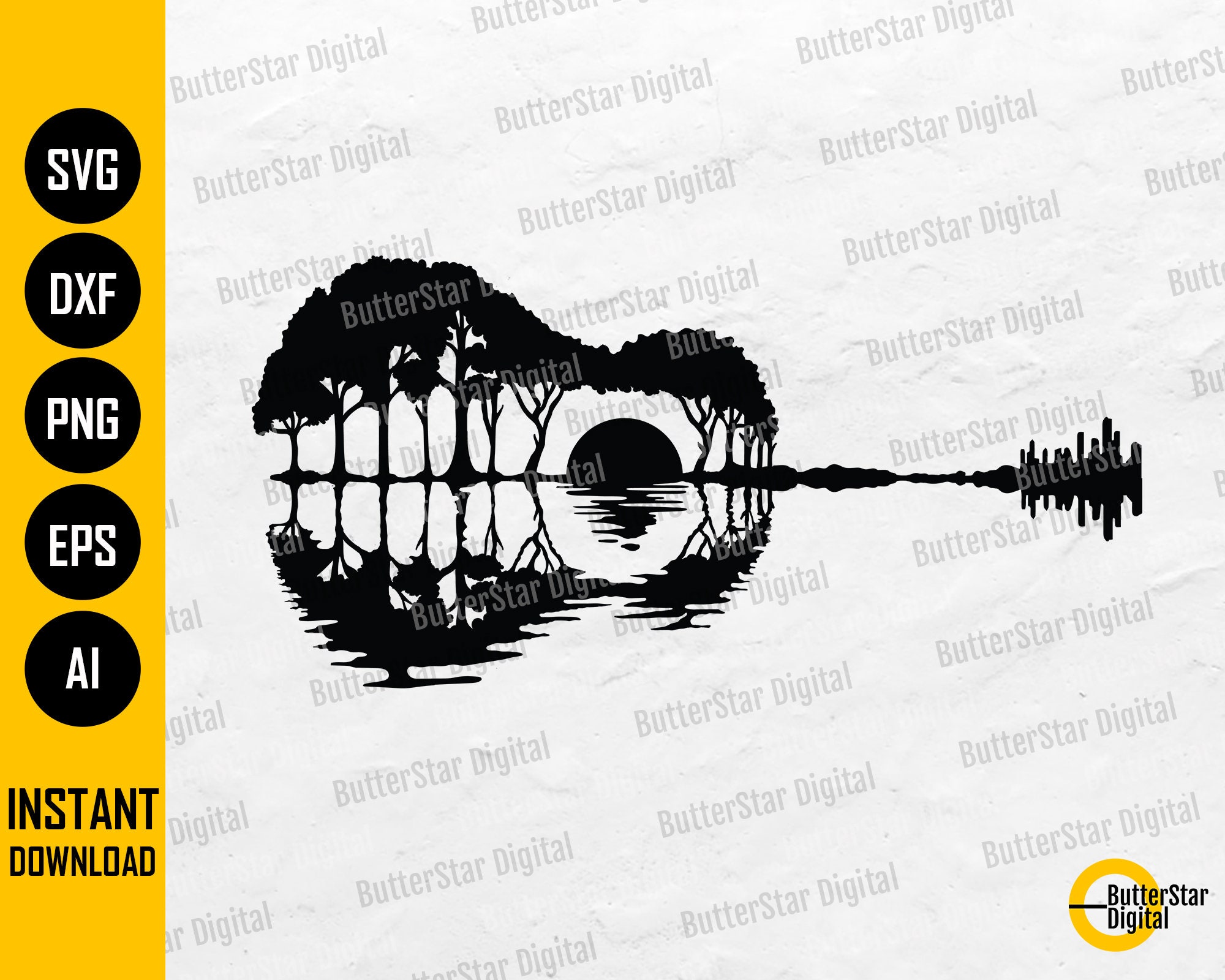 Guitar Sunset SVG | Guitar Sunrise SVG | Sticker T-Shirt CNC Laser Plasma Glowforge | Cricut Cut Files Clipart Vector Digital Dxf Png Eps Ai