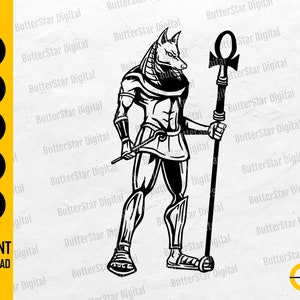 May include: Black and white digital illustration of Anubis, the Egyptian god of the afterlife, holding a staff with an ankh symbol. The image includes the text "SVG, DXF, PNG, EPS, AI" and "INSTANT DOWNLOAD".