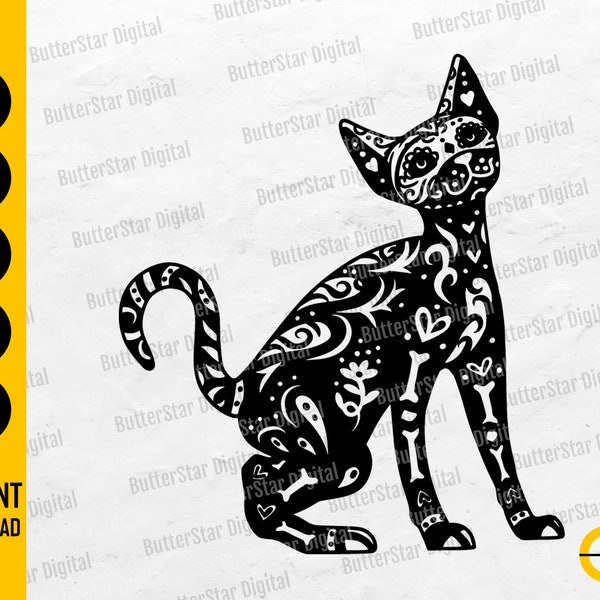 Skeleton Cat SVG | Sugar Skull Animal SVG | Day Of The Dead T-Shirt Decals | Cricut Cut File Printable Clipart Vector Digital Dxf Png Eps Ai