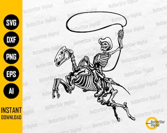 Skeleton Cowboy Lassoing SVG | Lasso SVG | Western Decals T-Shirt Clipart Vector Graphics | Cricut Cut File Printable Digital Dxf Png Eps Ai