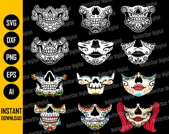 Day Of The Dead BUNDLE Masque visage SVG | Dia De Los Muertos Crâne Facemask | Cricut Cut File Clipart Vector Digital Télécharger Png Eps Pdf Ai