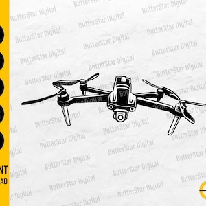 May include: Black and white drone illustration with four propellers and a camera. The image includes the text "SVG, DXF, PNG, EPS, AI" and "INSTANT DOWNLOAD". The design is for digital use.