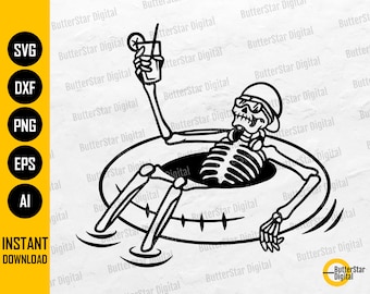 Floating Skeleton SVG | Sunglass Skull SVG | Floater SVG | Cocktail Drink Chill Relax Float | Cut File Clipart Vector Digital Dxf Png Eps Ai