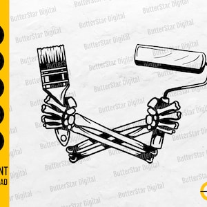 Skeleton Holding Painting Tools SVG | Wall Paint Brush Roller Finish Roofing | Cutting Files Printable Clipart Vector Digital Dxf Png Eps Ai