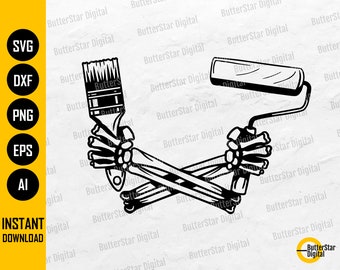 Skeleton Holding Painting Tools SVG | Wall Paint Brush Roller Finish Roofing | Cutting Files Printable Clipart Vector Digital Dxf Png Eps Ai