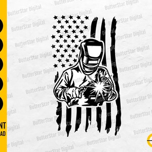 Peut inclure: Illustration en noir et blanc d'un soudeur devant un drapeau américain. L'image comprend le texte "INSTANT DOWNLOAD" et des icônes de type de fichier pour SVG, DXF, PNG, EPS et AI.