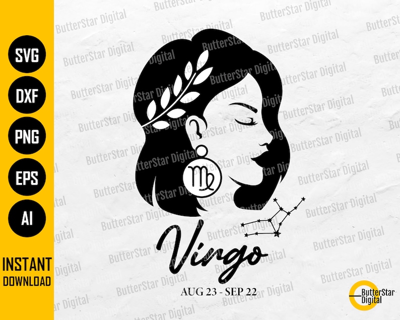 May include: Black and white Virgo zodiac sign design. The image features a woman's profile, the Virgo symbol, and the constellation. Text includes "Virgo" and "AUG 23 - SEP 22". Also includes file type options: SVG, DXF, PNG, EPS, and AI.