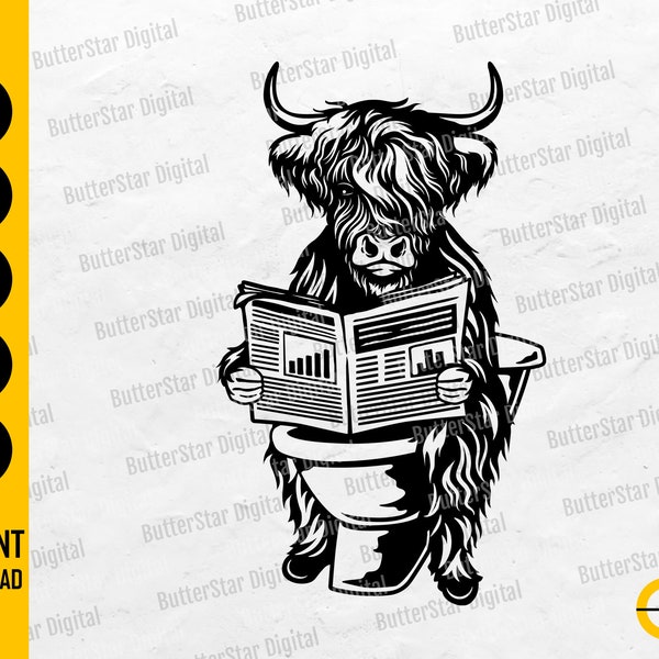 Highland Kuh Sitzt Auf Der Toilette Lesen Eine Zeitung SVG | Bauernhof SVG | Cricut Cut Datei Schablone Clipart Vektor Digital Dxf Png Eps Ai