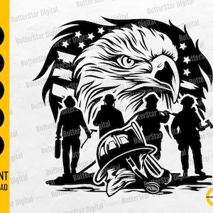 May include: Black and white graphic featuring an eagle with a patriotic design and silhouettes of firefighters. The image includes the text "INSTANT DOWNLOAD" and file type options: SVG, DXF, PNG, EPS, and AI.