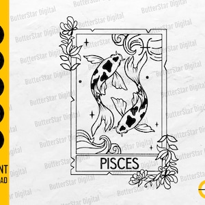 Pisces Zodiac Card SVG | Star Sign T-Shirt Decal Vinyl Stencil Tee | Cricut Cutting Files Silhouette Clip Art Vector Digital Dxf Png Eps Ai