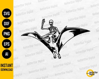 Skeleton Riding Pterodactyl SVG | Funny Dino Sticker Decal T-Shirt Graphics | Cricut Cut File Cuttable Clipart Vector Digital Dxf Png Eps Ai