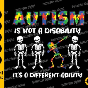Op de afbeelding: Zwart grafisch ontwerp met het woord "AUTISM" in kleurrijke puzzelstukjes. De tekst "IS NOT A DISABILITY, IT'S A DIFFERENT ABILITY" staat eronder. Skeletten zijn ook in het ontwerp verwerkt.