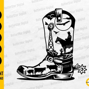 May include: Black and white vector graphic of a cowboy boot with a Western scene inside. The scene includes a cowboy on a horse, cows, a windmill, and a cactus. The text "INSTANT DOWNLOAD" is also included.