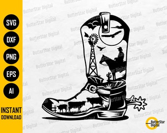 May include: Black and white vector graphic of a cowboy boot with a Western scene inside. The scene includes a cowboy on a horse, cows, a windmill, and a cactus. The text "INSTANT DOWNLOAD" is also included.