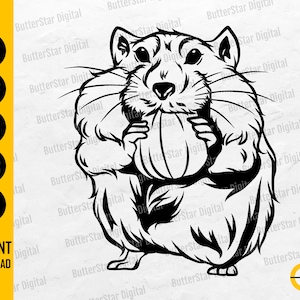 Może przedstawiać: Czarno-biała cyfrowa ilustracja chomika trzymającego dynię. Obraz zawiera tekst "SVG, DXF, PNG, EPS, AI" i "INSTANT DOWNLOAD". Projekt pochodzi od ButterStar Digital.