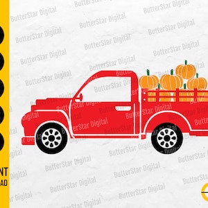 Puede incluir: Silueta de un camión rojo vintage que transporta calabazas naranjas. La imagen tiene un tema otoñal, con las calabazas en la caja del camión. El texto "INSTANT DOWNLOAD" es visible.