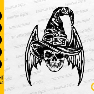 Puede incluir: Ilustración digital en blanco y negro de una calavera con sombrero de bruja y alas de murciélago. La imagen incluye el texto "SVG, DXF, PNG, EPS, AI" y "INSTANT DOWNLOAD".