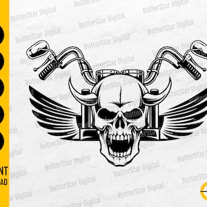 May include: Black and white motorcycle-themed graphic featuring a skull with open jaws, wings, and handlebars. The image includes the text "SVG, DXF, PNG, EPS, AI" and "INSTANT DOWNLOAD".