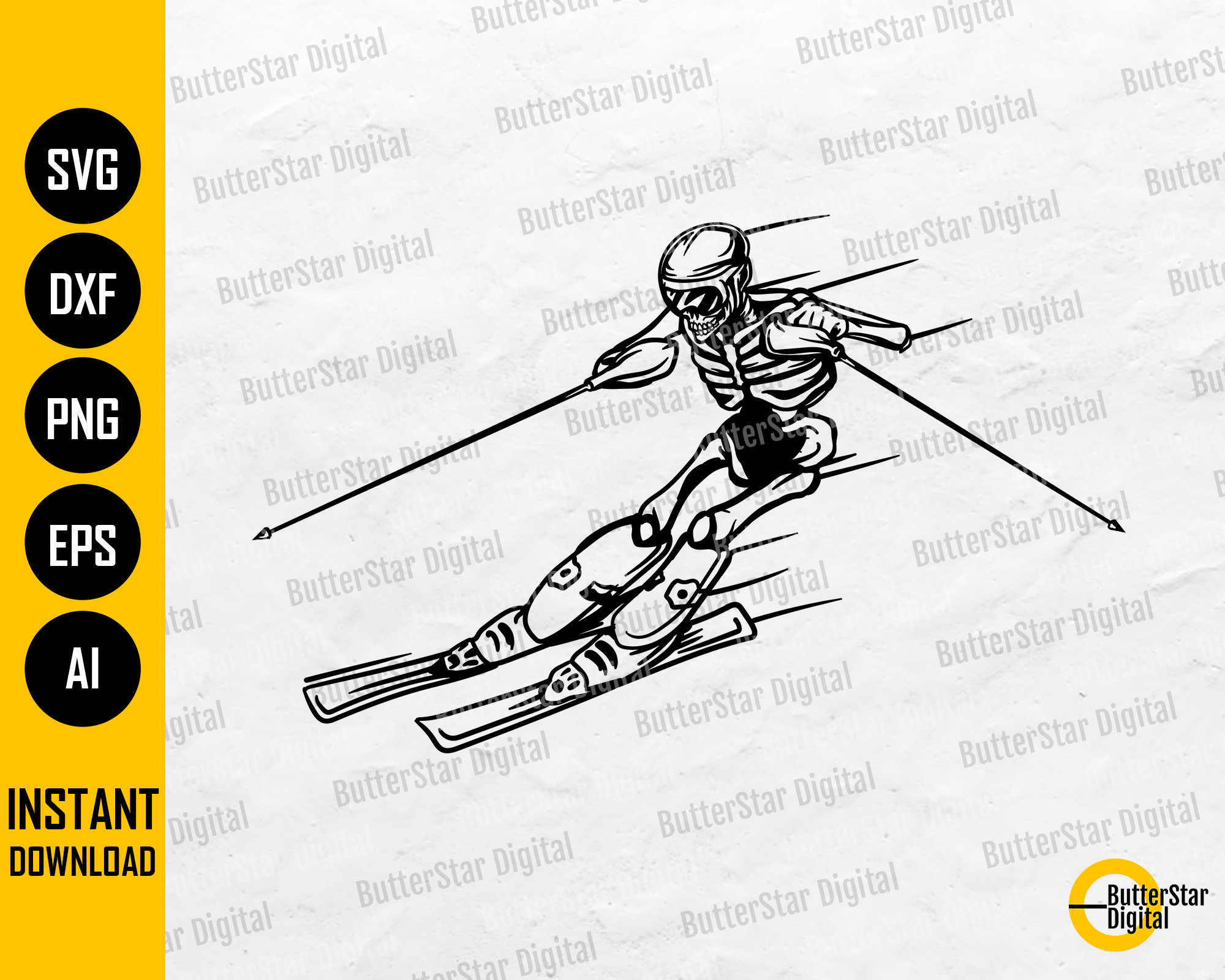 Skeleton Skiing SVG | Skier SVG | Winter Snow Ski Mountain Snowboarding Slopes | Cut Files Printables Clip Art Vector Digital Dxf Png Eps Ai