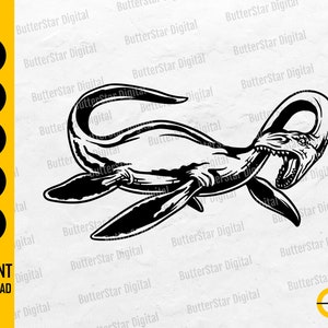 May include: Black and white illustration of a plesiosaur, a prehistoric marine reptile, with an open mouth and long neck. The image includes the text "INSTANT DOWNLOAD" and file type options: SVG, DXF, PNG, EPS, and AI.