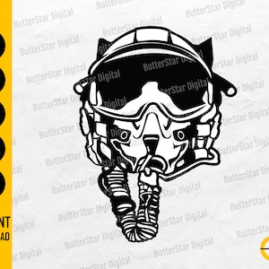 May include: A monochrome illustration of a pilot's helmet, featuring a visor and breathing apparatus. The image includes file type icons for SVG, DXF, PNG, EPS, and AI, and the text "INSTANT DOWNLOAD". Design by ButterStar Digital.