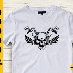 May include: White t-shirt featuring a black graphic of a skull with motorcycle handlebars and wings. The design includes the text "INSTANT DOWNLOAD" and file type labels. The ButterStar Digital logo is in the bottom right corner.