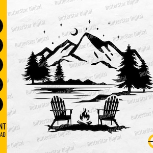 Cena de montanha com cadeiras Adirondack SVG | Vinil adesivo para camiseta camping DIY | Arquivos De Corte Cricut Clipart Vector Digital Dxf Png Eps Ai
