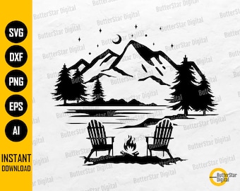 Mountain Scene With Adirondack Chairs SVG | Camping DIY T-Shirt Sticker Decal Vinyl | Cricut Cut Files Clipart Vector Digital Dxf Png Eps Ai