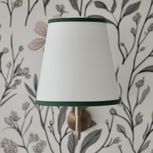 May include: A white lampshade with a green trim, mounted on a brass fixture. The lampshade has a conical shape and a modern design. The background features floral wallpaper with grey and pink accents.
