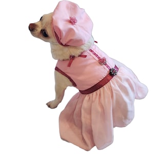 Pink Flirt Dog Dress,  Dog Harness Set, Dog leash, Dog Clothes, Multiple sizes, Chihuahua dress, Yorkie Dress, Puppy Dress Dog hat