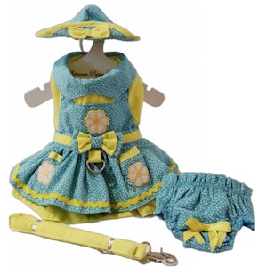 Crazy Daisy Dog Dress,  Dog Harness Set, Dog leash, Dog Clothes, Multiple sizes, Chihuahua dress, Yorkie Dress, Puppy Dress Dog hat