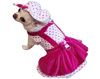 Pink Lady Love Dog Dress,  Dog Harness dress, Dog leash, Dog Clothes, Multiple sizes, Chihuahua dress, Yorkie Dress, Puppy Dress Dog hat