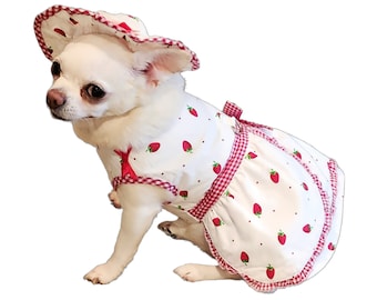Robe de chien fraises et crème, robe de harnais de chien, laisse de chien, vêtements de chien, taille multiple, robe de Chihuahua, robe de Yorkie, chapeau de chien de robe de chiot