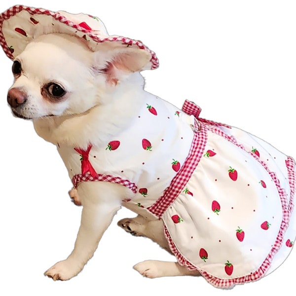 Dog Dress Strawberries & Cream, Dog Harness dress, Dog leash, Dog Clothes, Multiple size, Chihuahua dress, Yorkie Dress, Puppy Dress Dog hat
