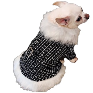 Dog Coat, Black Diamond Faux Fur Dog coat, Tweed Dog Coat, Dog Clothing, Puppy Coat, Pet Coat, Dog Jacket, Chihuahua Coat, Yorkie coat