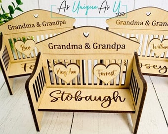 Family Name Engraved Mini Bench, wedding place setting, memorial keepsake, lost loved ones