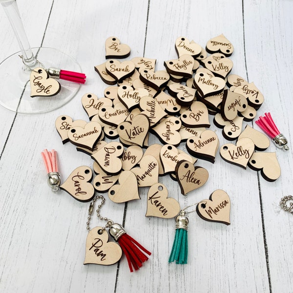 Engraved Wood Heart Charms 1 inch, Laser cut wine charms, DIY craft supplies, wedding charms, bouquet charms