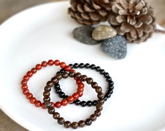 GROUNDING & BALANCE main gemme naturelle perlée bracelet Bronzite noir tourmaline rouge jasper