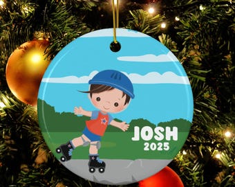 Personalized Boys Roller Skating Ornament, Custom Skater Gift, Roller Derby Keepsake, Roller Skater Boys Ornament, Skating Gift