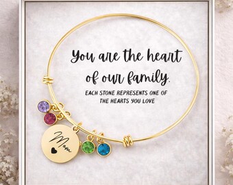 Personalized Birthstone Bracelet for Mom, Family Birthstone Bangle, Mother’s Day Gift, Grandma Birthstone Bracelet, Custom Name Charm Bracel