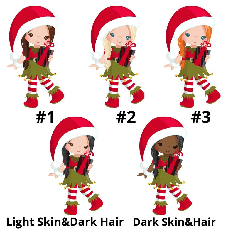 May include: Four illustrations of Christmas elves with different hair and skin tones. Each elf is wearing a red and white Santa hat, a green dress, and red and white striped stockings. They are holding a wrapped gift box.