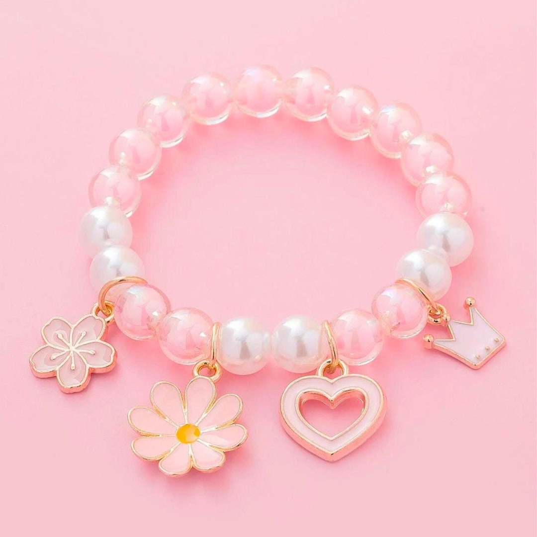 Princess Charm Bracelet for Girls, Little Girl Princess Jewelry, Pink Bracelet, Pink Faux Pearl ...