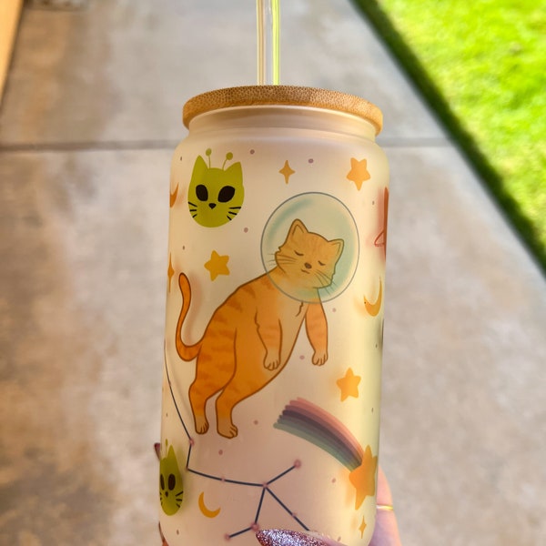 Space cat beer can 16 oz cup with lid and straw