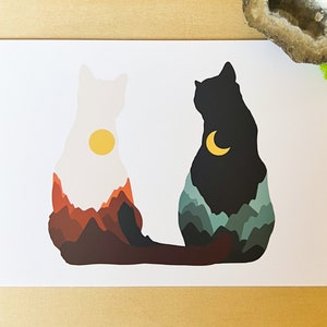 Moon and sun mountain cat art print