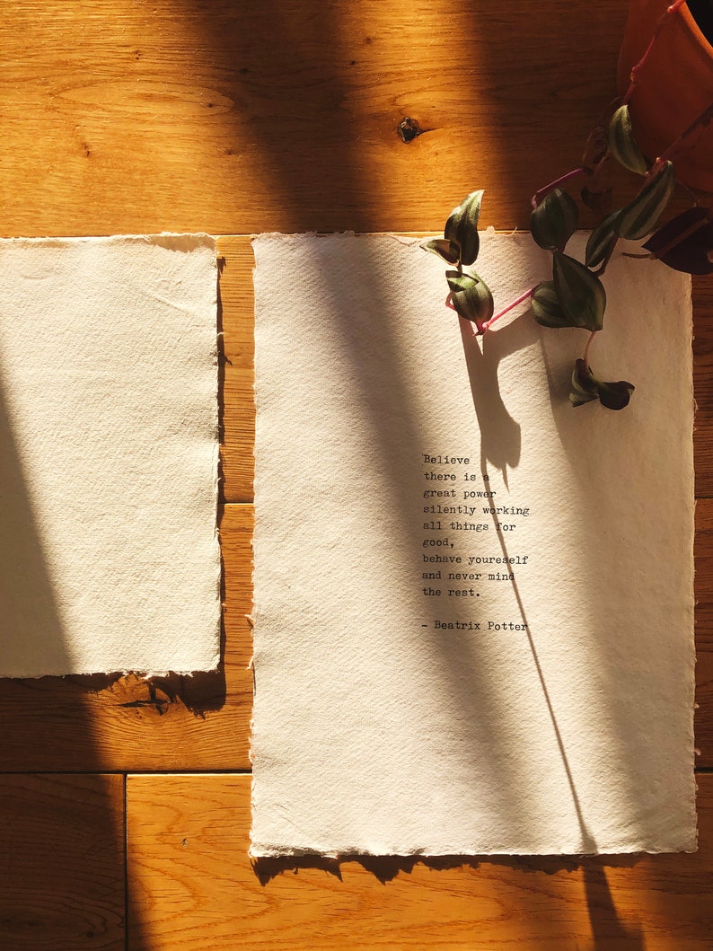 A custom hand-typed print on beautiful 100% cotton handmade rag paper. Each print is unique, crafted from recycled cotton T-shirts and jutes. Made on a 1960's Olivetti typewriter, perfect for love letters, wedding vows, poems, or favorite quotes.